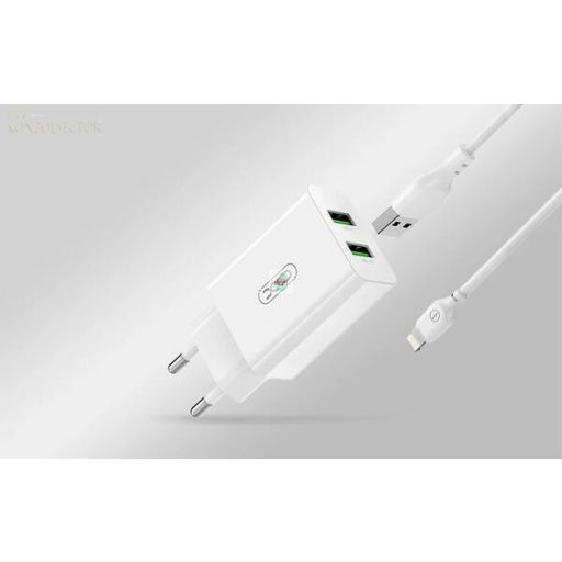 XO L119 hálózati töltő adapter 2 x USB-A + Lightning kábel, 18W, fehér